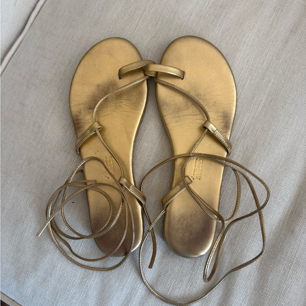 TKEES Metallic Gold Lace-Up Flat Sandals